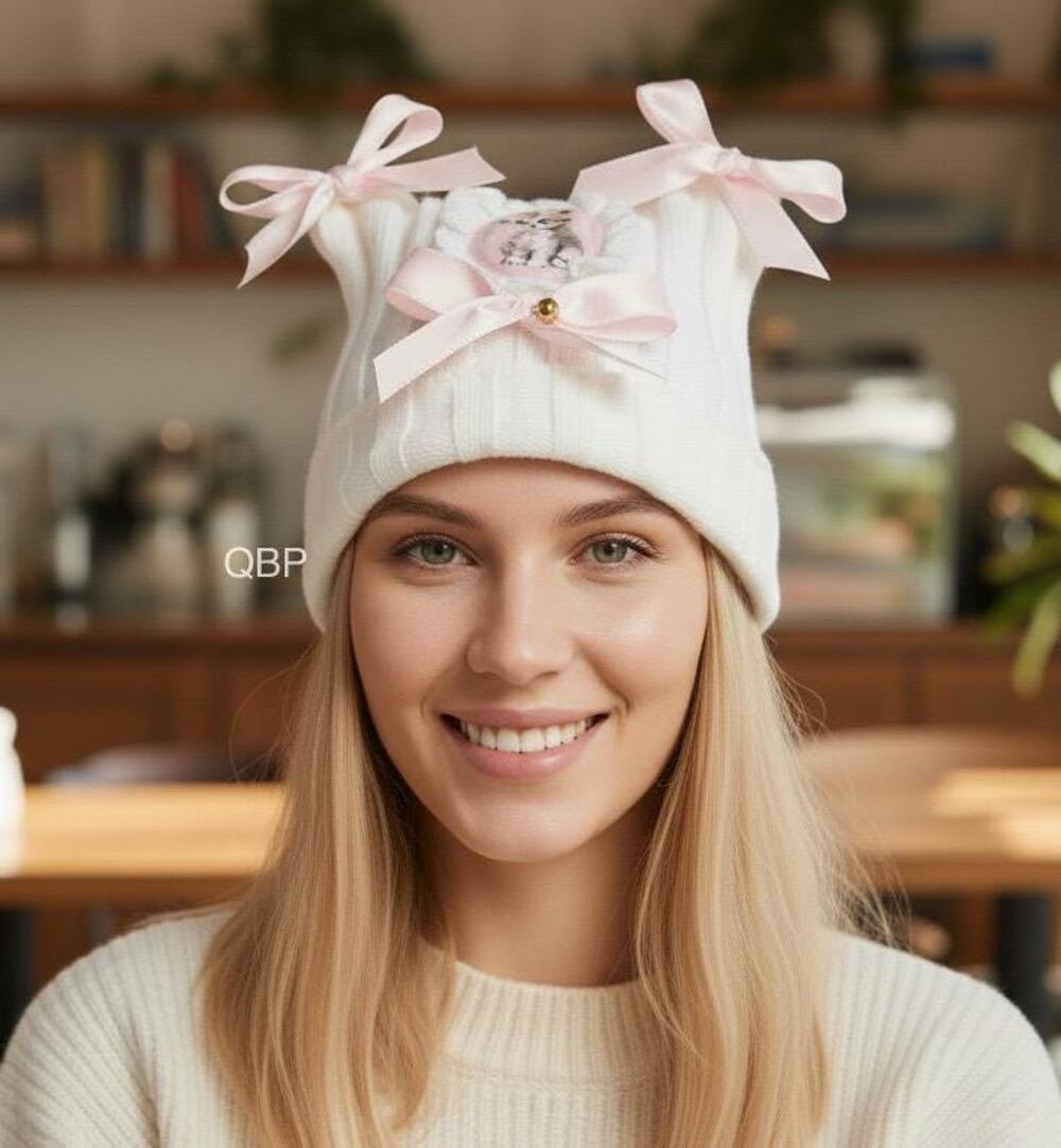 Vintage Inspired Kitty Cat Image Pink Ribbon Ear White Adult Women’s Beanie Hat